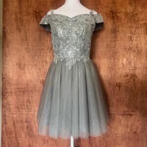 Grey silver sparkle mini dress homecoming wedding US 8 corset back chest support